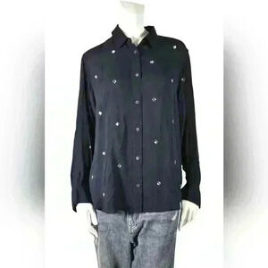 NWT LOVE MOSCHINO Navy Blue Viscose  Long Sleeve Rhinestone Sparkle Blouse 4US